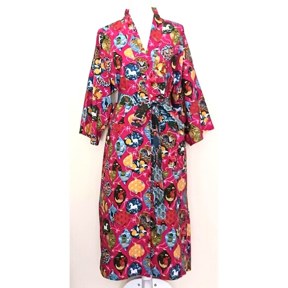 Anthropologie Print Fresh  XMAS Ornaments Organic Cotton Long Belted Robe S/M - Picture 4 of 11